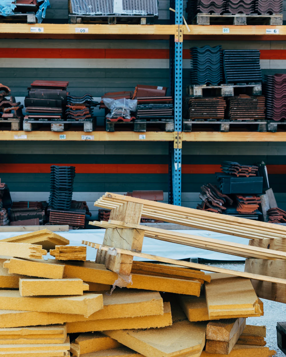 Building materials on warehouse racks